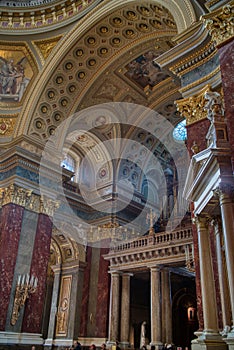 Architectural style of beautiful interior of Catholic Cathedral with decoration in Budapest.