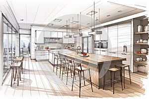 Architectural pencil drawing of kitchen interior with wooden accents and dining table, designed in modernist style. AI generated