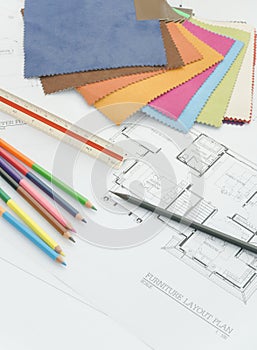 Architectural plan with color pencil and color palette