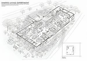 Architectural plan depicts a shared-living space with distinct sections for various