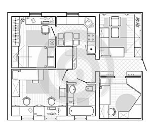 Architectural plan of a house. Floor plan of the apartment with the furniture