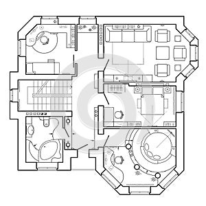 Architectural plan of a house. Layout of the apartment with the furniture in the drawing view.