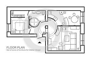 Architectural plan of a house. Layout of the apartment top view with the furniture in the drawing view. With bathroom living room