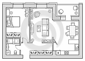 Architectural plan icons of a house in top view. Floor plan with furniture. Interior design icons for layouts. Vector