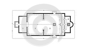 Architectural plan of Orthodox Church. Medieval Orthodox Monastery. Scheme of movement at the Liturgy.