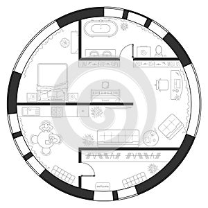 Architectural plan of round house. Professional layout with furniture in top view. Floor plan, interior design. Vector