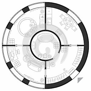 Architectural plan of round studio apartment with kitchen and bedroom. Small house in top view. Floor plan with furniture. Vector