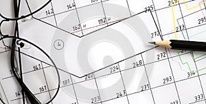 Architectural plan,technical project drawing with pencil and glasses