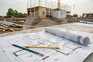 Architectural plans and blueprints on construction site