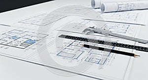 Architectural Plans and Drafting Tools on White Table