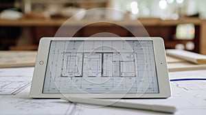 Architectural plans for a home renovation displayed on a tablet with measurements and annotations clearly visible