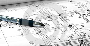Architectural plans and pen