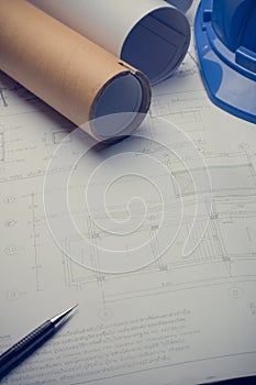 Architectural plans project drawing with blueprints rolls