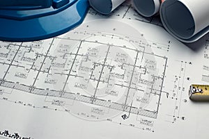 Architectural plans project drawing with blueprints rolls