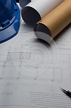 Architectural plans project drawing with blueprints rolls