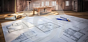 Architectural plans on a table at the construction of a house