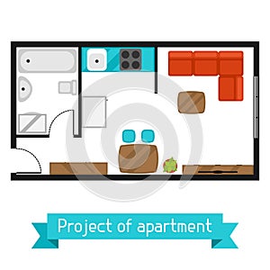 Architectural project of apartment with furniture. Image for banners, web sites, designs