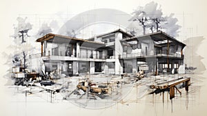 Architectural project background. Floor plan with construction sketch drawing of modern building design highly detailed.