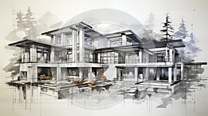 Architectural project background. Floor plan with construction sketch drawing of modern building design highly detailed.