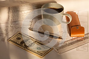 Architectural project with coffee