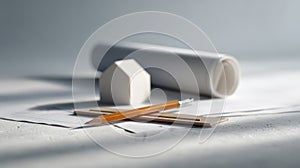 Architectural project development with house model and blueprints