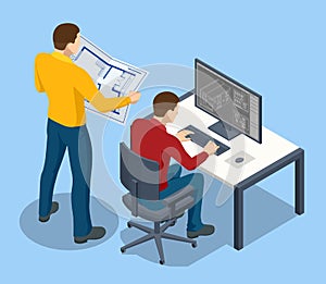 Architectural Project Isometric Concept. Professional Architects and Designers Working. Engineer working on computer