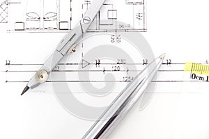 Architectural project, pair of compasses, rulers and calculator