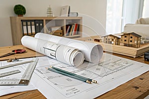 Architectural project with rolled-up construction and technical drawings