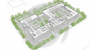 Architectural rendering of a building complex, featuring a large, rectangular layout