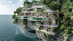 An architectural rendering of luxury villas on the cliffside, overlooking an ocean with lush greenery and vertical gardens photo