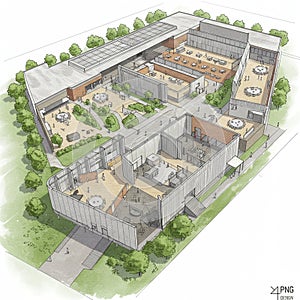 An architectural rendering of a modern building complex featuring multiple