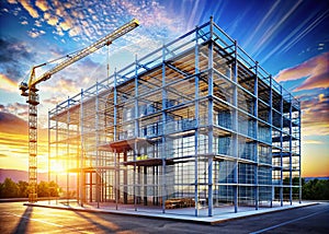 Architectural Rendering of a Modern Office Building Under Construction A Wireframe Perspective Demonstrating Rule of