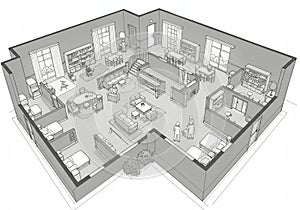 Architectural rendering of an open-concept apartment layout, featuring multiple