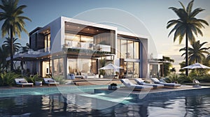 Architectural rendering of a sleek, modern vill. photo