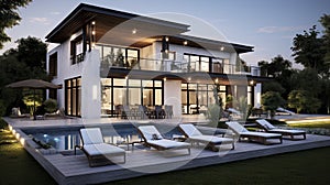 Architectural rendering of a sleek, modern vill. photo