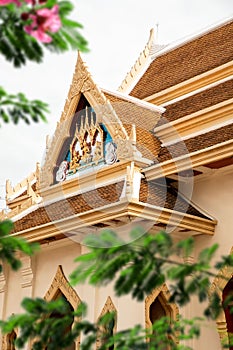 Architectural rooftop detail from exterior view of the Buddhist