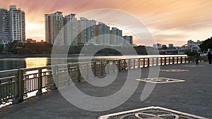 The architectural scenery along the river in the twilight.