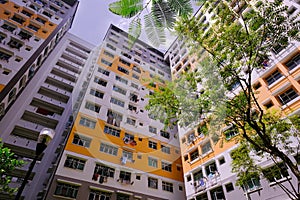 Architectural shot of public housing HDB flats in Singapore on sunny day. Dynamic angle; abstract; graphic; background