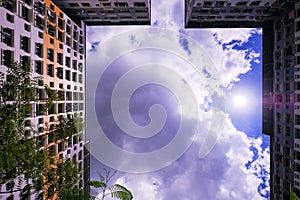 Architectural shot of public housing HDB flats in Singapore on sunny day. Dynamic angle; abstract; graphic; background