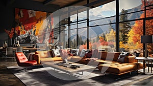 Architectural Showcasing a Modern Steel and Concrete Home Living Room with Colorful Paintings Fall Mountain Scenary Outside