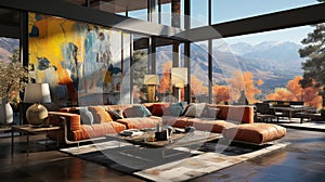 Architectural Showcasing a Modern Steel and Concrete Home Living Room with Colorful Paintings Fall Mountain Scenary Outside