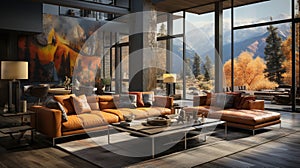 Architectural Showcasing a Modern Steel and Concrete Home Living Room with Colorful Paintings Fall Mountain Scenary Outside