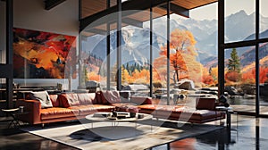 Architectural Showcasing a Modern Steel and Concrete Home Living Room with Colorful Paintings Fall Mountain Scenary Outside