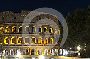 Architectural Sights of The Roman Colosseum (Colosseo Romano) in Rome, Lazio Province, Italy. (At Night).