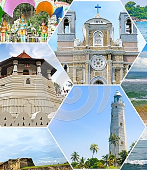 Architectural sights of Sri Lanka: lighthouse, temples, fort. Collage