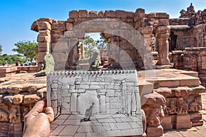 Architectural sketch of brown stone mallikarjuna temple entrance with black nandi statue under blue sky