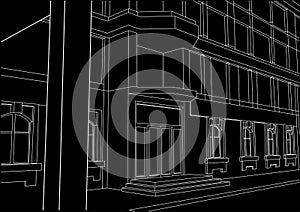 Architectural sketch building entrance black background