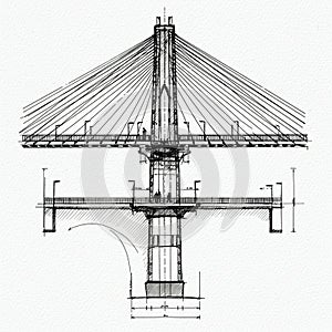 Architectural sketch of a cable-stayed bridge tower. Features a
