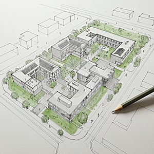 Architectural sketch of a modern building complex featuring several interconnected