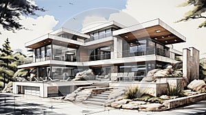 Architectural sketch of a modern house. Generative AI.
